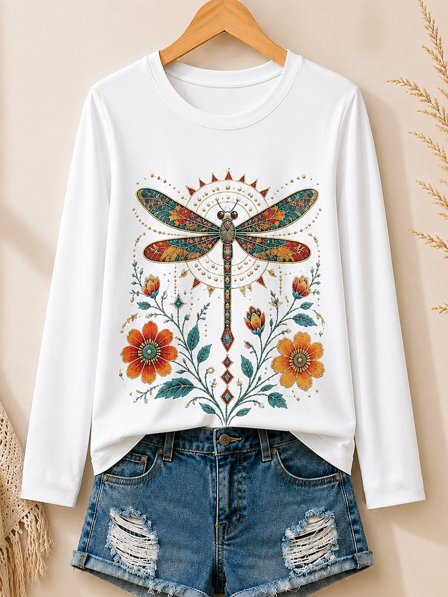 Dragonfly Among Wildflowers women's cotton long sleeve tee - White