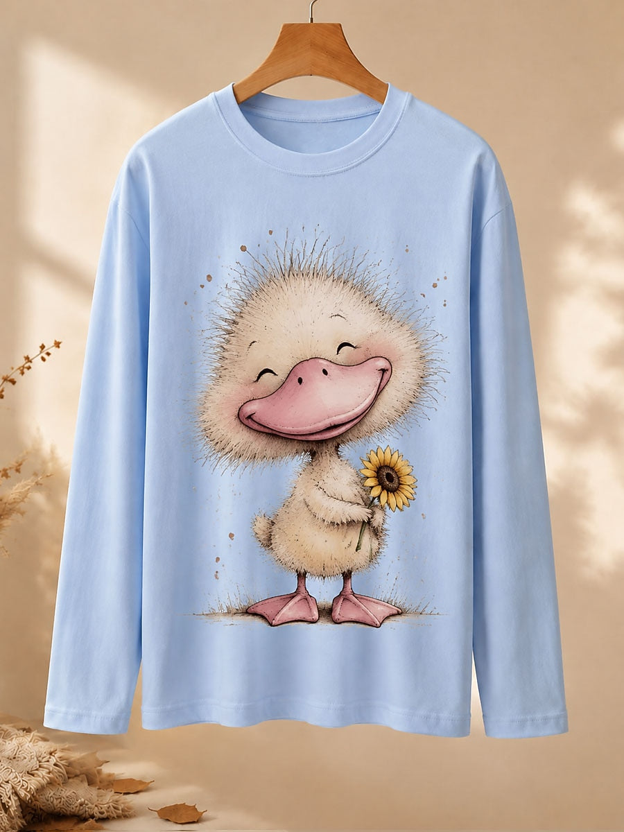 Duckling With Sunflower - Nature Story Cotton Long Sleeve Tee