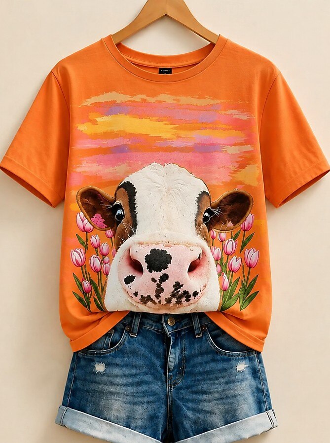 Bauernhof-Kuh zwischen Tulpen – Naturgeschichte Baumwoll-T-Shirt