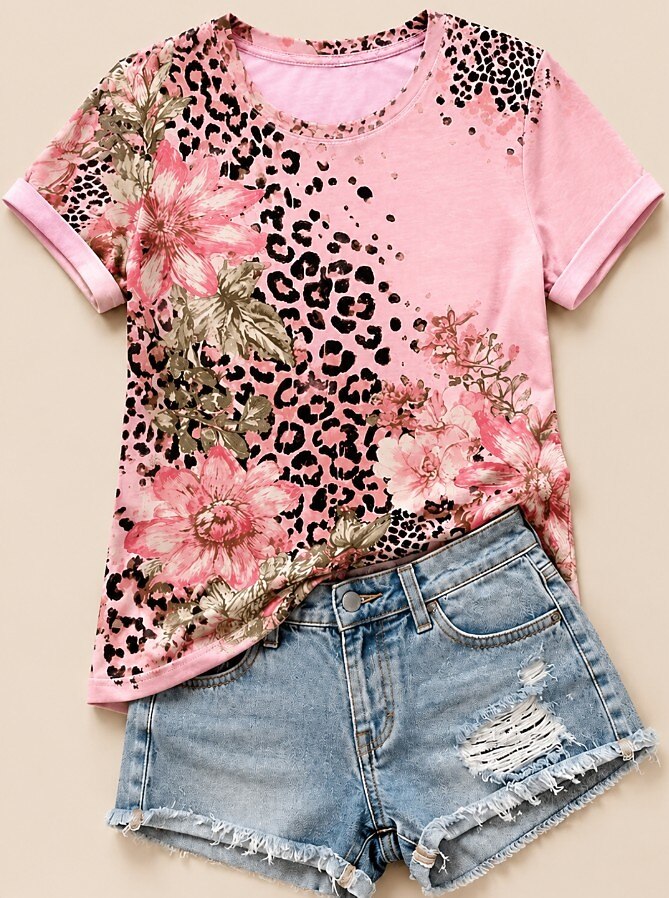 Peonies With Leopard Print - Flora Cotton Tee