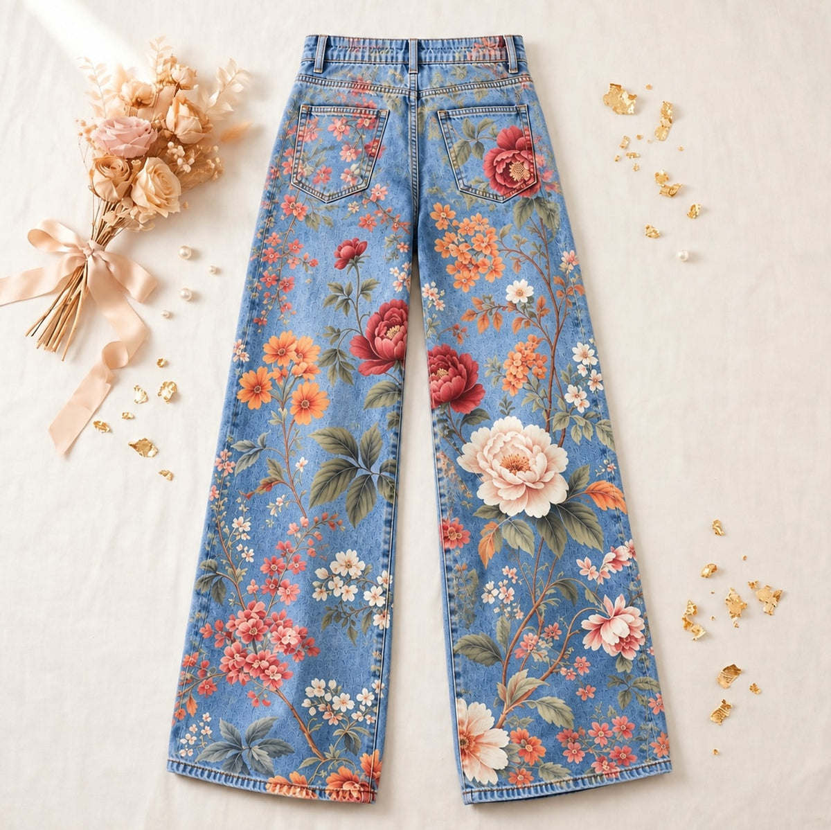 Rose And Floral Garden Wide Leg Jeans - Flora Women's Jeans