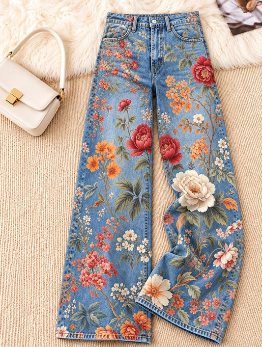 Rose And Floral Garden Wide Leg Jeans - Flora Women's Jeans