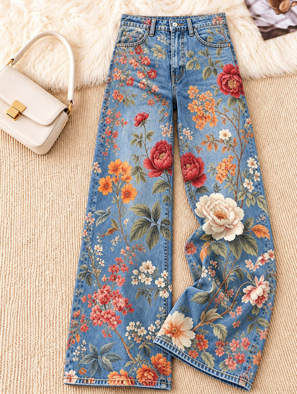 Rose And Floral Garden Wide Leg Jeans - Flora Women's Jeans