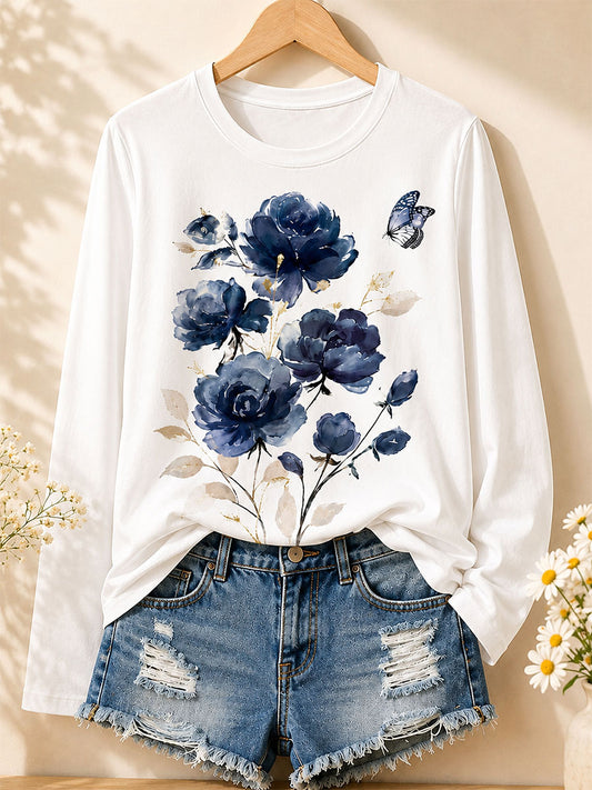 Blue Blossom Garden - Langärmeliges Blumen-T-Shirt