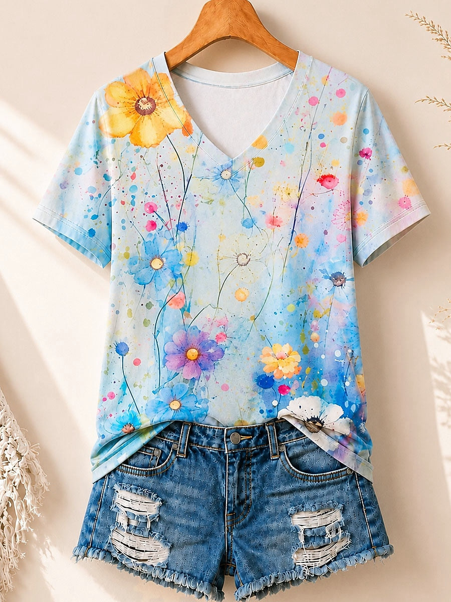 Watercolor Wildflowers Allover Print - Life Stories Cotton Tee