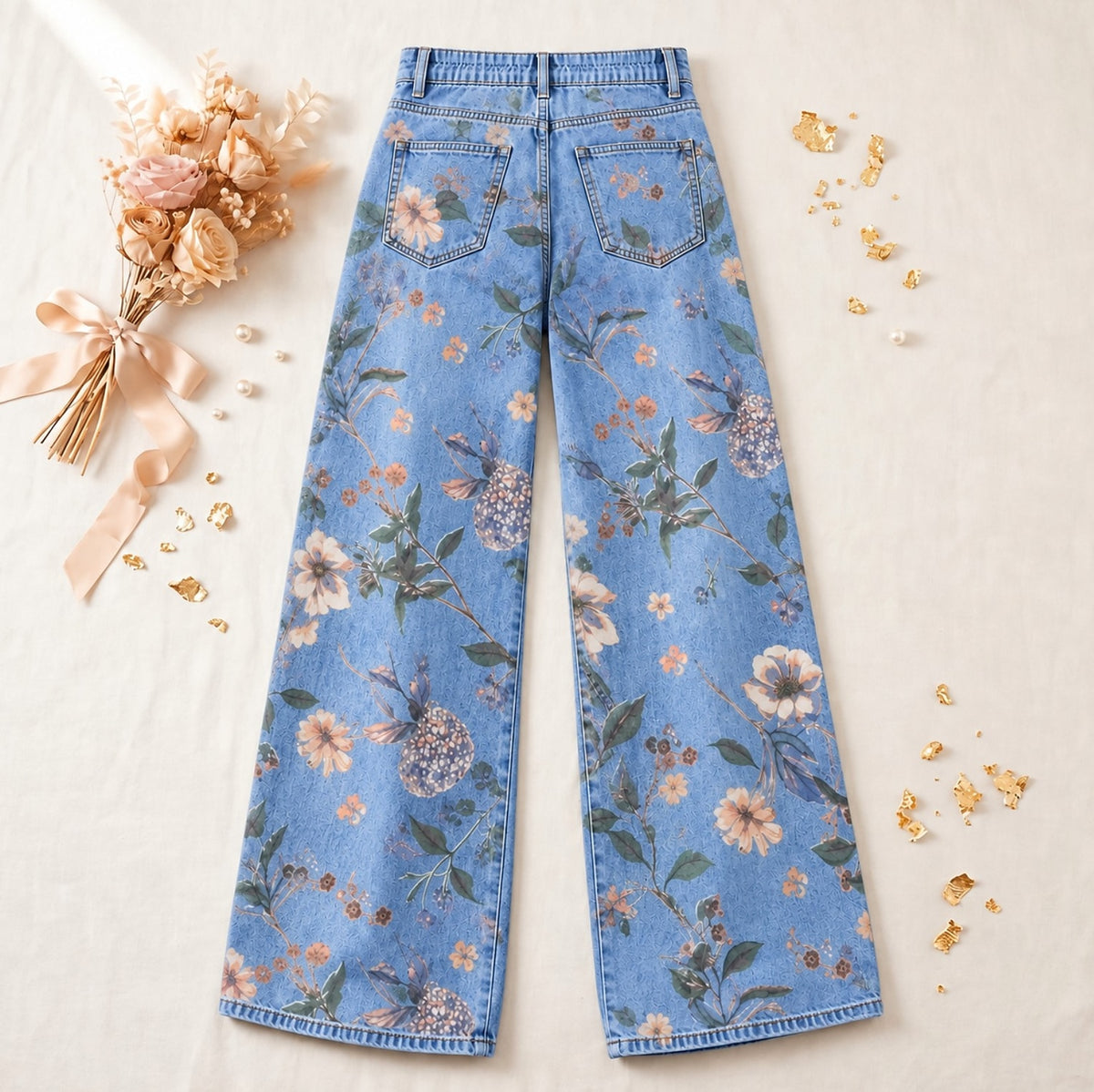 Scattered Floral Blossoms Wide Leg Jeans - Flora Women's Jeans