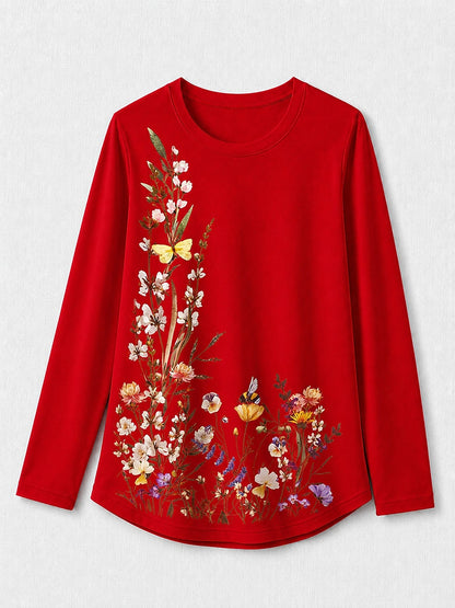 Red Floral Cotton Tee in White