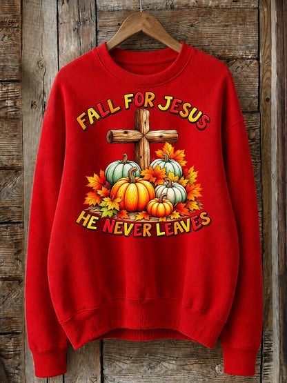 Fall For Jesus He Never Leaves - Christian Inspirational Cotton Blend Sweatshirt