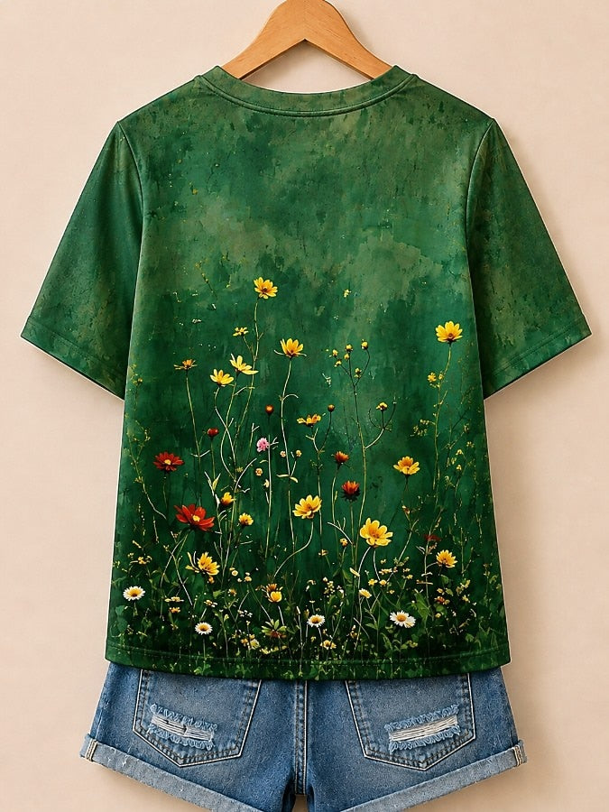 Orange Floral Cotton Tee in Orange