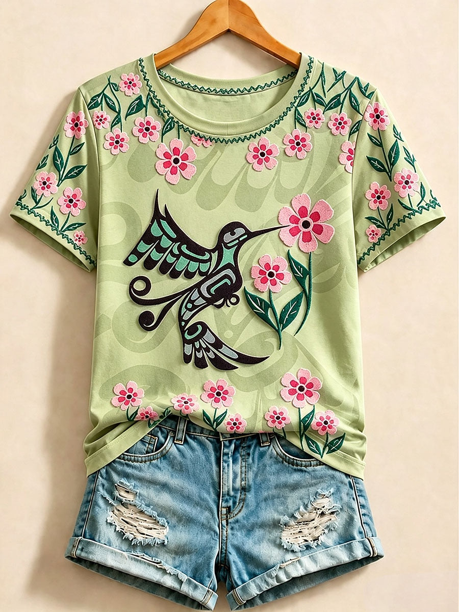 Purple Bird Cotton Tee in Blue