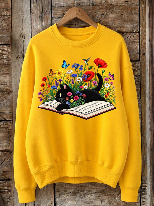 Cat Reading Among Wildflowers - Nature Story Cotton Blend Sweatshirt
