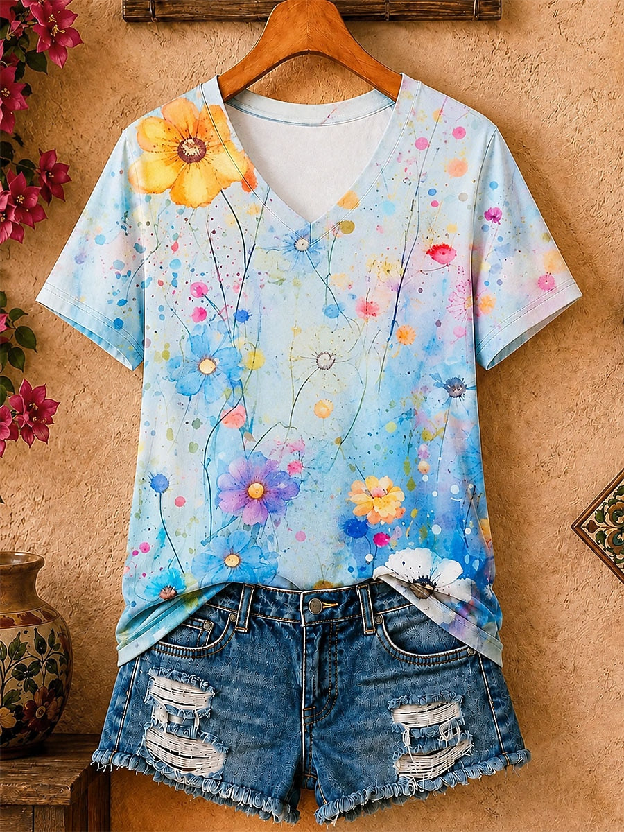 Watercolor Wildflowers Allover Print - Life Stories Cotton Tee