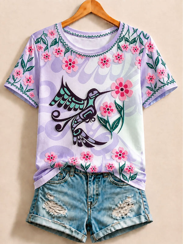 Hummingbird Among Cherry Blossoms - Nature Story Cotton Tee