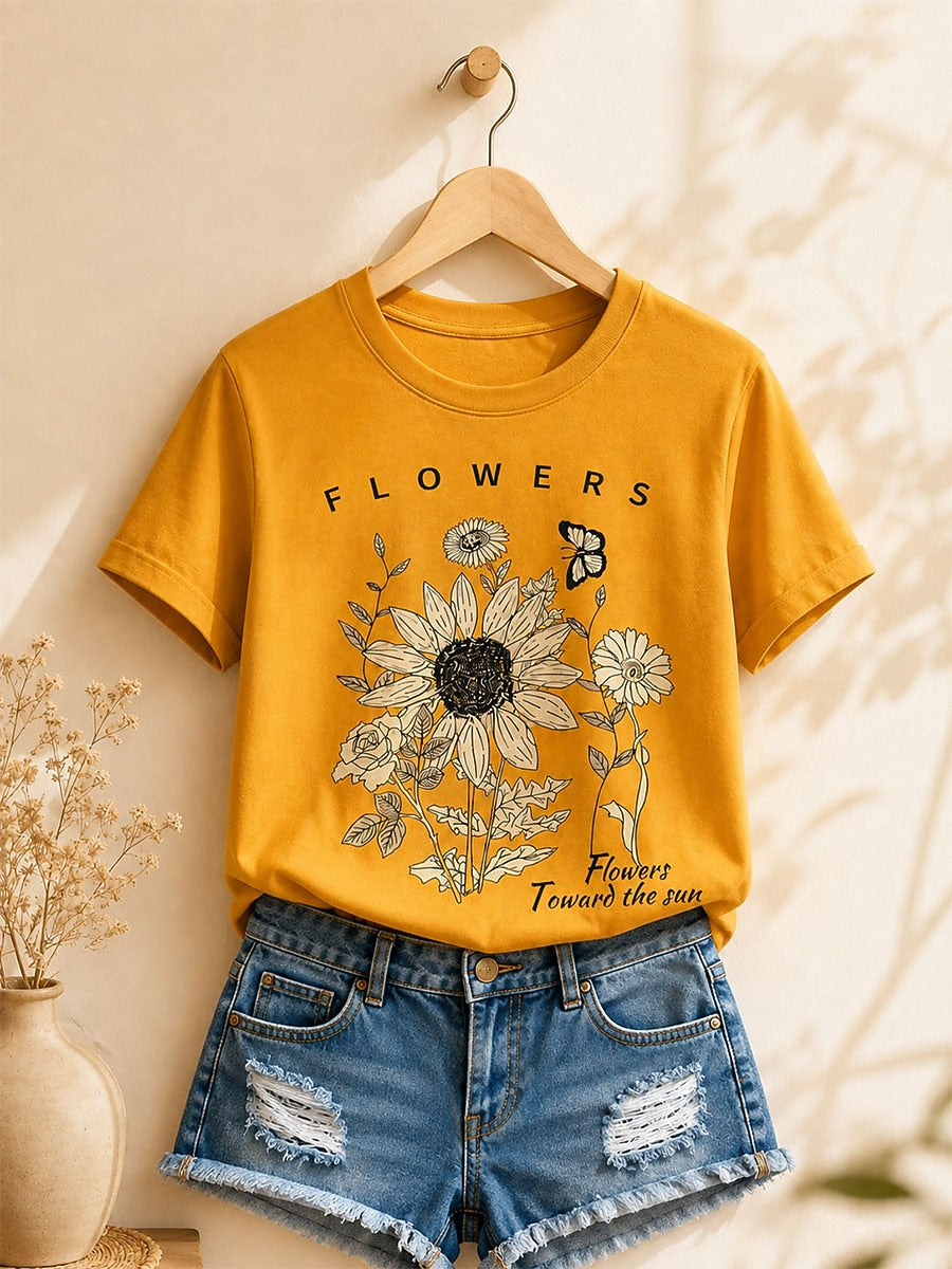 Sky Blue Botanical Tee in Green with beige