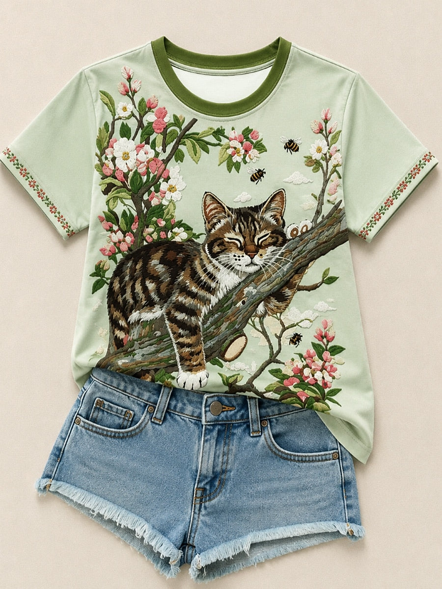 Green Floral Cotton Tee in Green