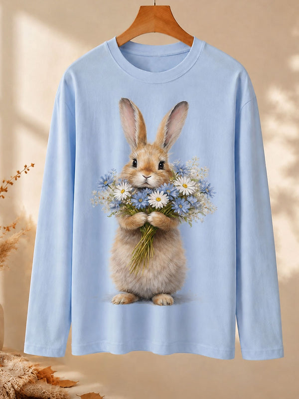Rabbit With Daisy Bouquet - Nature Story Cotton Long Sleeve Tee