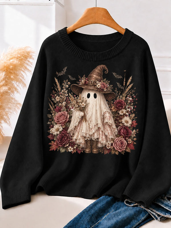 Floral Ghost With Witch Hat - Life Stories Cotton Blend Sweaters