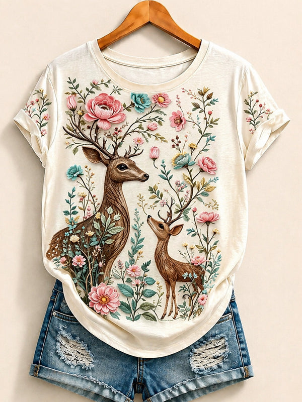 Deer Family Among Peonies - Nature Story Cotton Tee