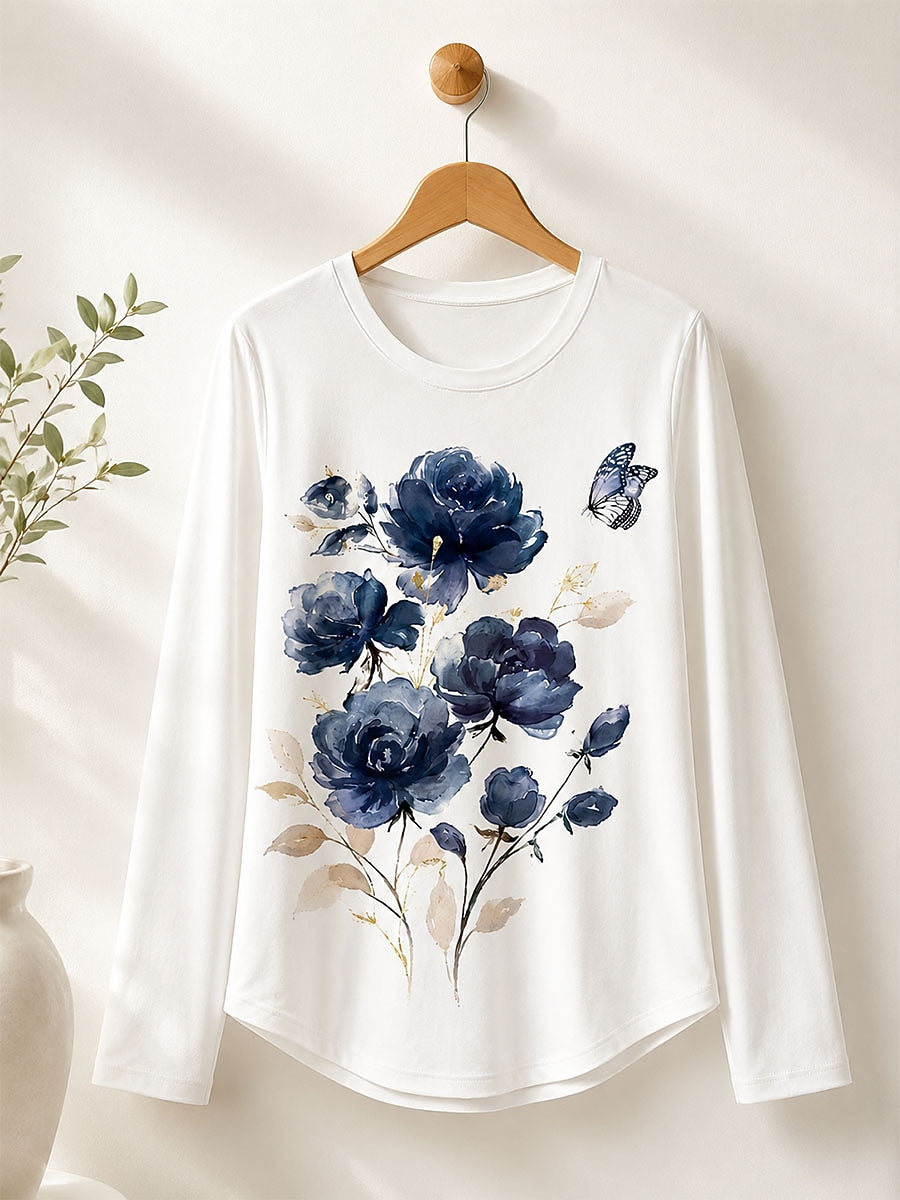 Blue Floral Cotton Tee in Blue