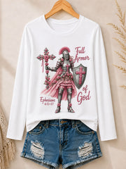 Full Armor Of God With Warrior And Flowers - Christian Inspirational Cotton Long Sleeve Tee