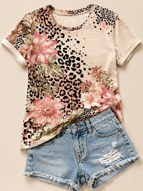 Peonies With Leopard Print - Flora Cotton Tee
