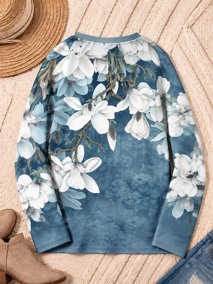 Botanical Blossoms Across The Shoulders - Flora Cotton Long Sleeve Tee