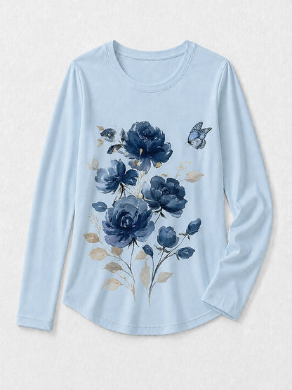 Blue Floral Cotton Tee in Blue