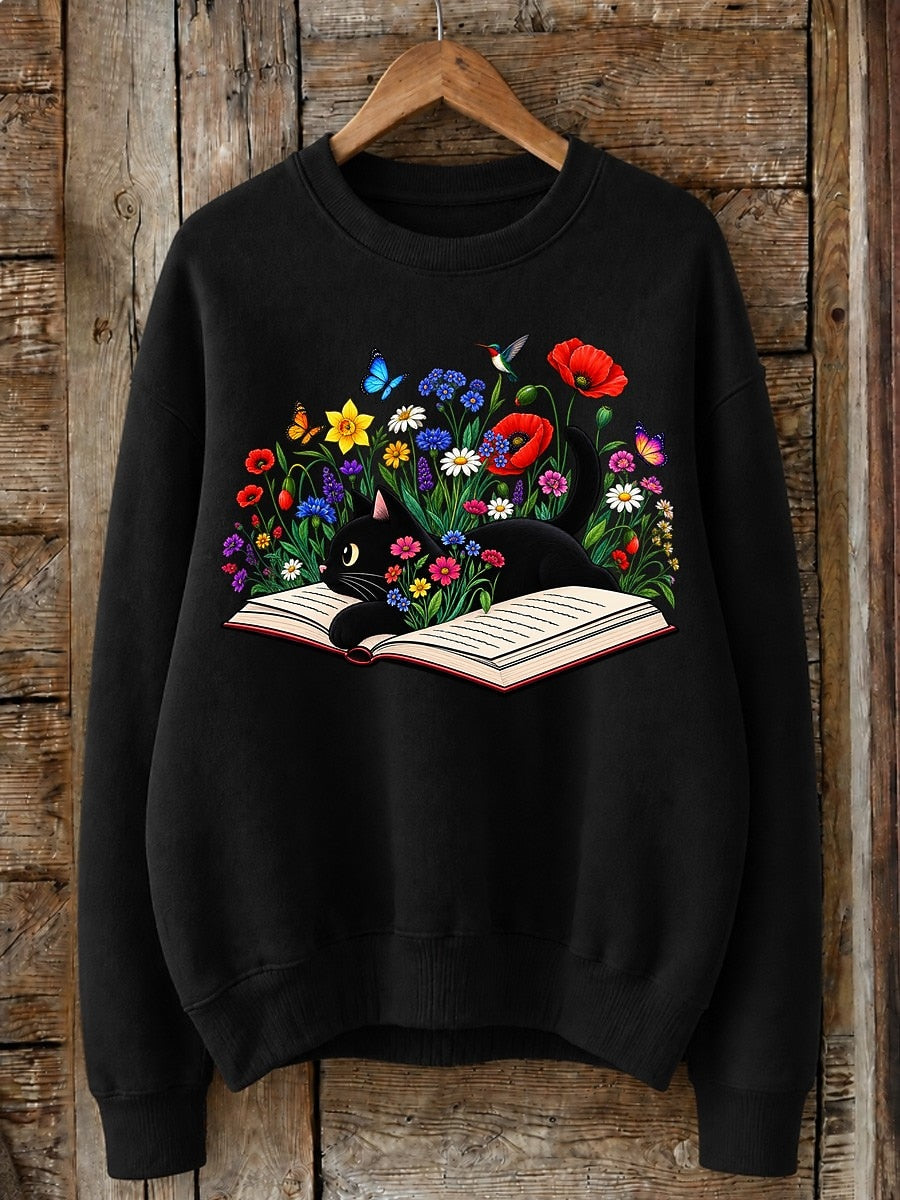 Cat Reading Among Wildflowers - Nature Story Cotton Blend Sweatshirt