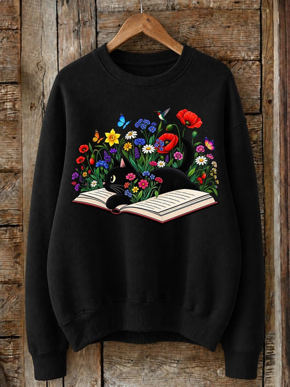 Cat Reading Among Wildflowers - Nature Story Cotton Blend Sweatshirt