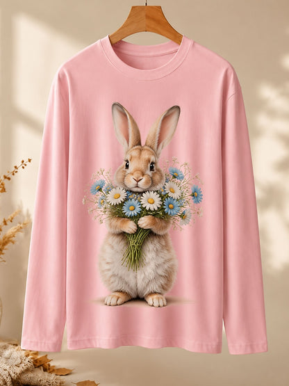 Rabbit With Daisy Bouquet - Nature Story Cotton Long Sleeve Tee