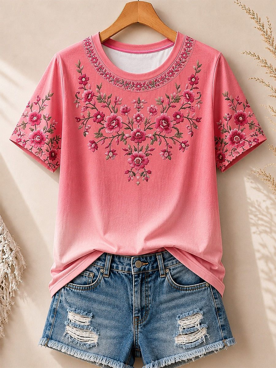 Floral Embroidery Print women's cotton tee - Blue