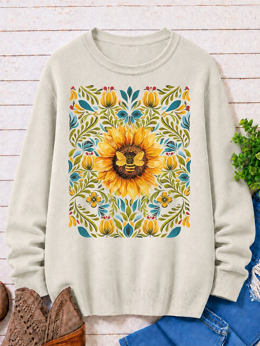 Ornamental Sunflower And Leaves - Flora Cotton Blend Sweaters