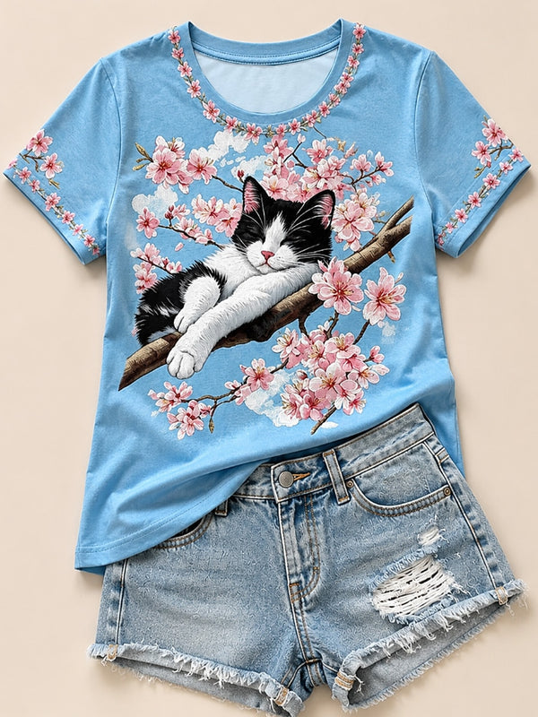 Cat Among Cherry Blossoms - Nature Story Cotton Tee