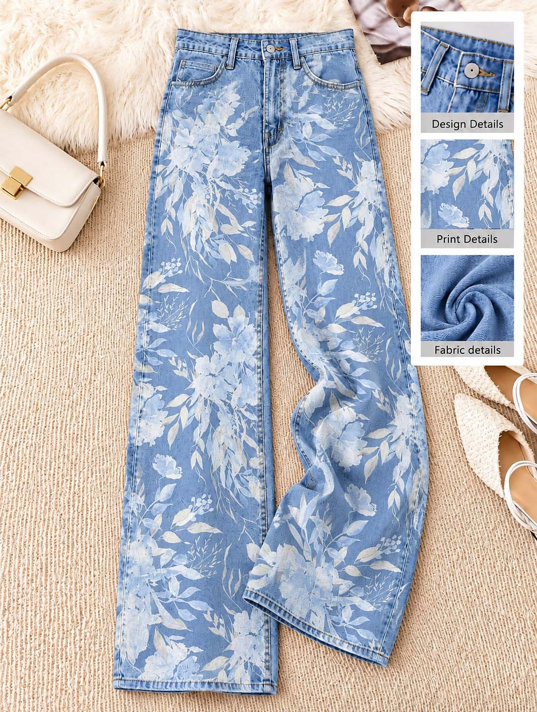 Floral Border Detail Wide Leg Jeans - Flora Women's Jeans