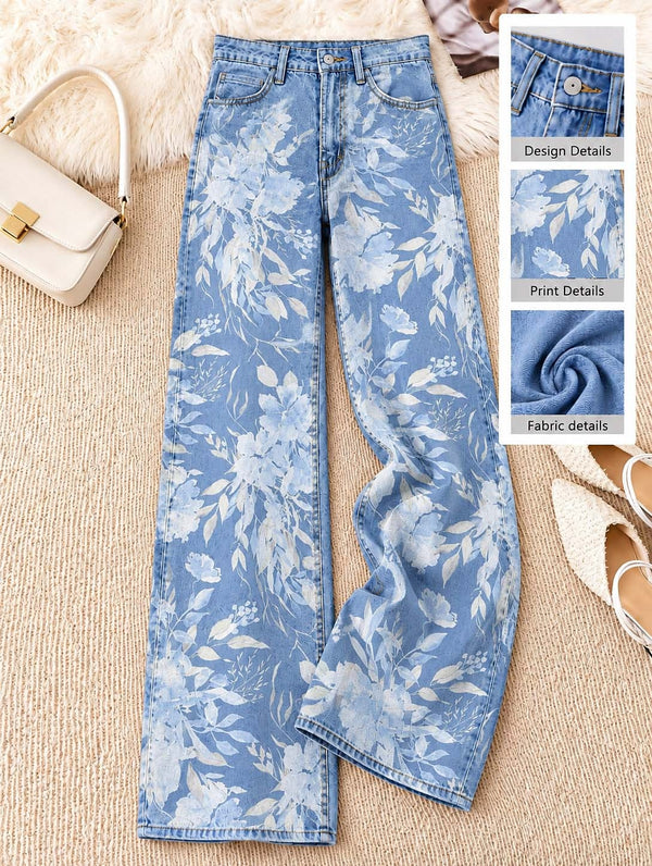 Floral Border Detail Wide Leg Jeans - Flora Women's Jeans