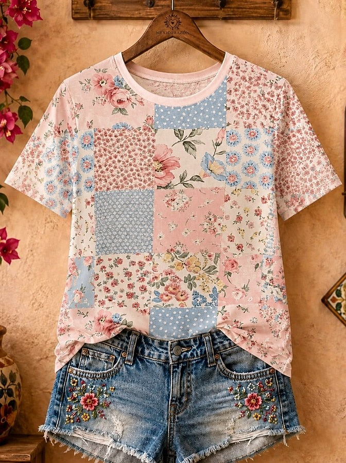 Rose And Daisy Floral Patchwork - Flora Cotton Tee