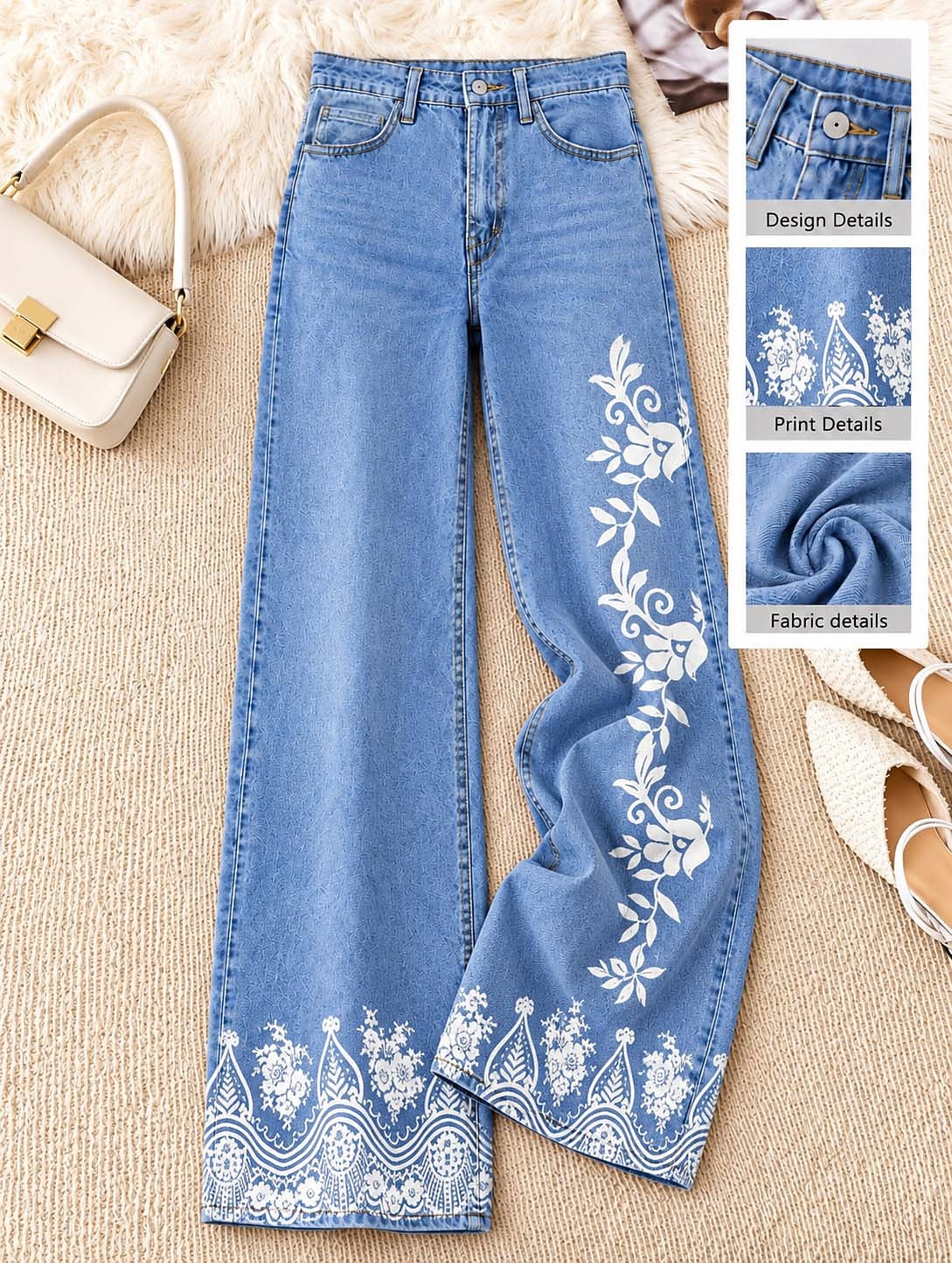 Floral Border Wide Leg Jeans - Flora Women's Jeans