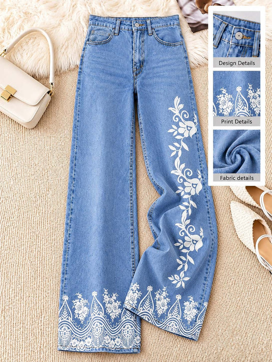 Floral Border Wide Leg Jeans - Flora Women's Jeans