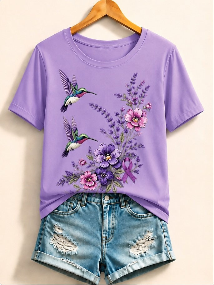 Hummingbirds Among Lavender And Roses - Nature Story Cotton Tee