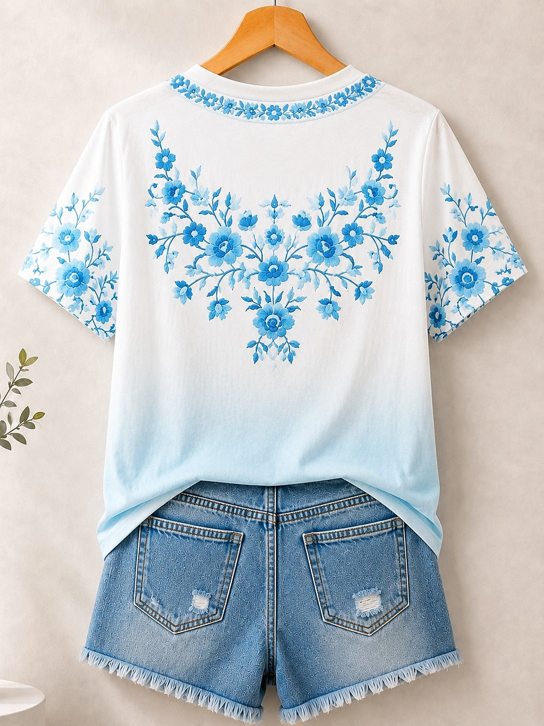 Floral Embroidery Print women's cotton tee - Blue