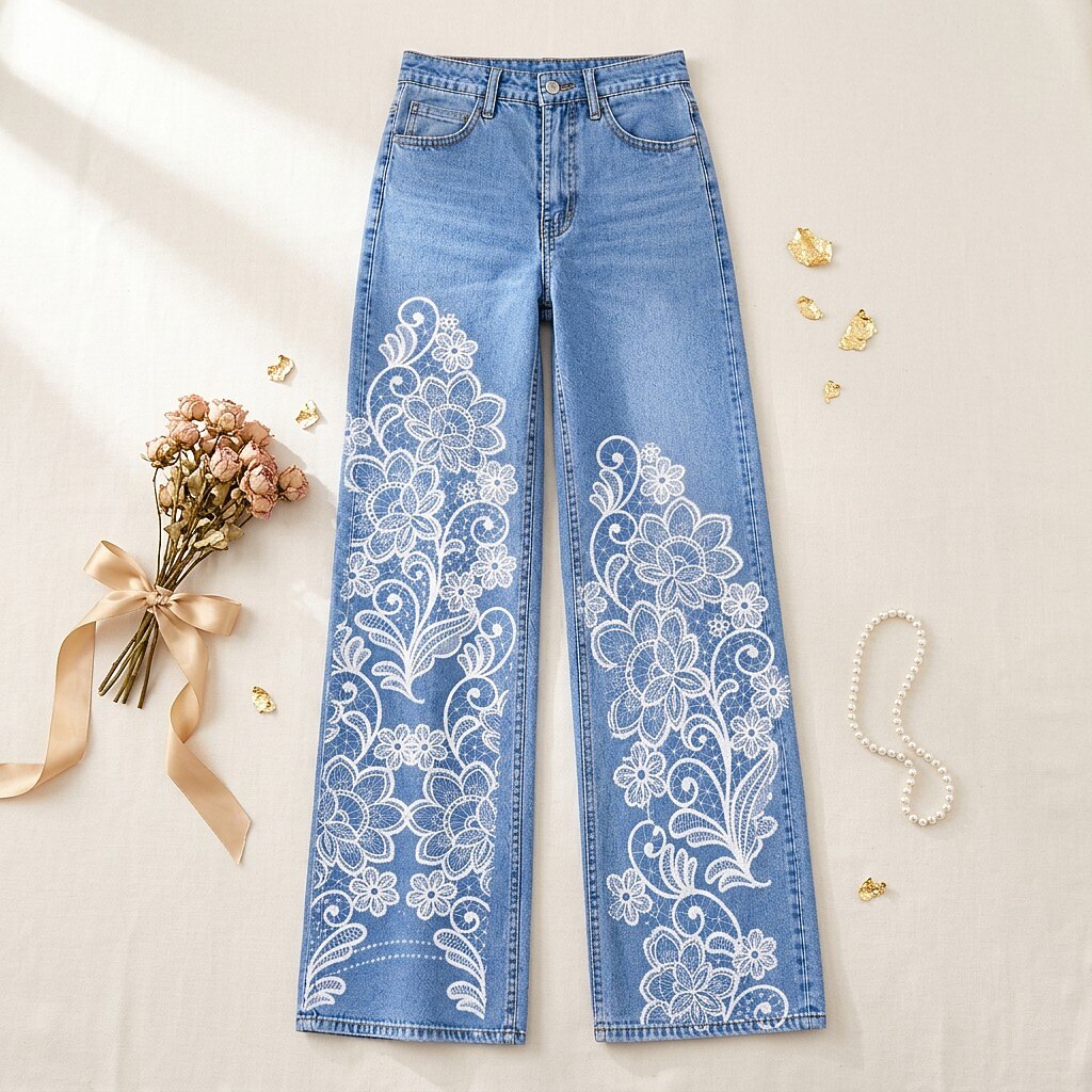 Floral Motif Wide Leg Jeans - Flora Women's Jeans