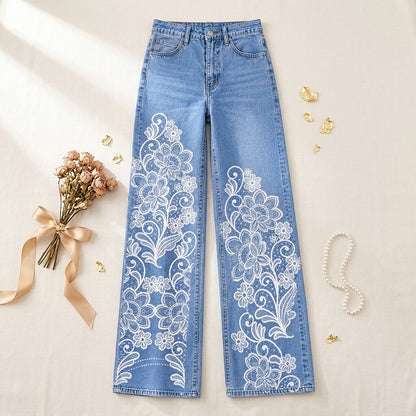 Floral Motif Wide Leg Jeans - Flora Women's Jeans