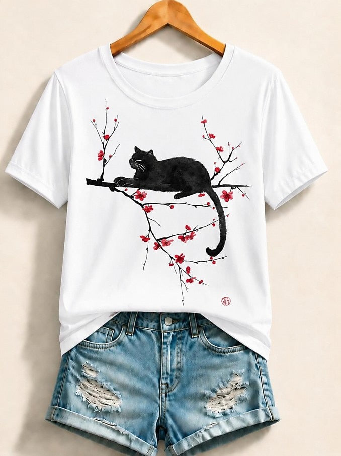 Cat On Cherry Blossom Branch - Nature Story Cotton Tee