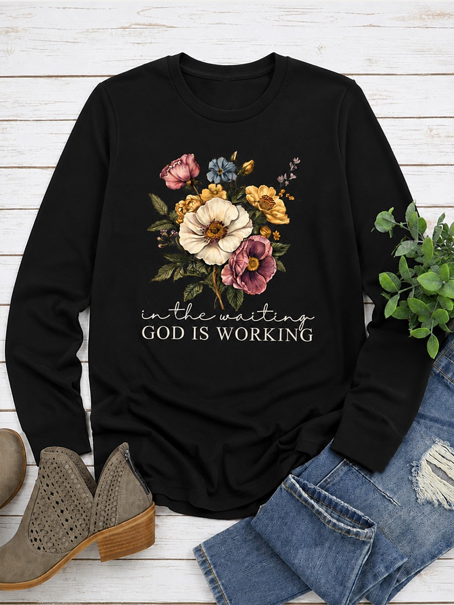 God Is Working In The Waiting With Floral Bouquet - Christian Inspirational Cotton Long Sleeve Tee