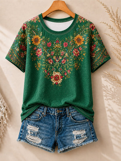 Vintage Wildflower Border women's cotton tee - Blue