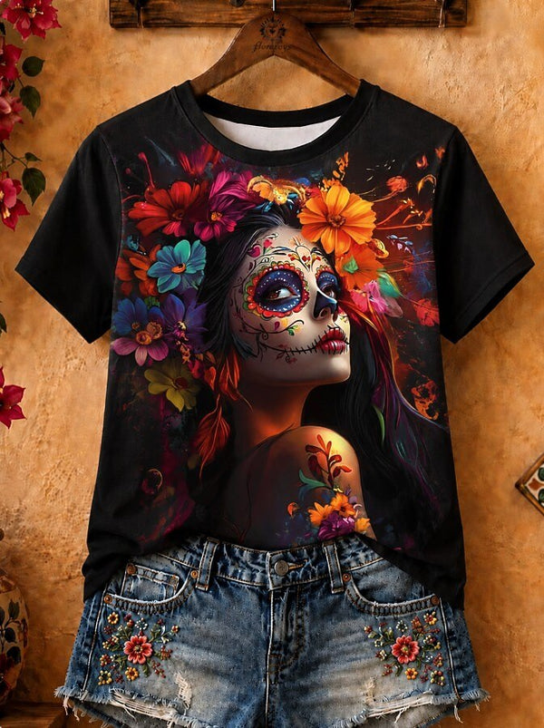Day Of The Dead Woman With Marigolds - Life Stories Cotton Tee