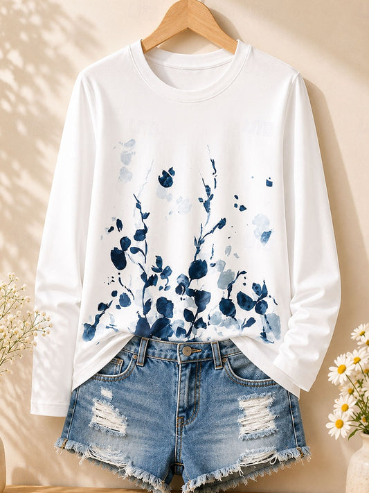 Blumenwiese Blau - Langarmshirt mit Pflanzenmotiv
