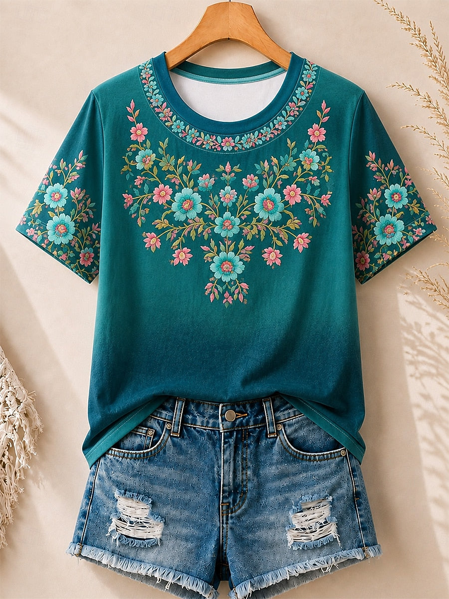 Floral Embroidery Print women's cotton tee - Blue