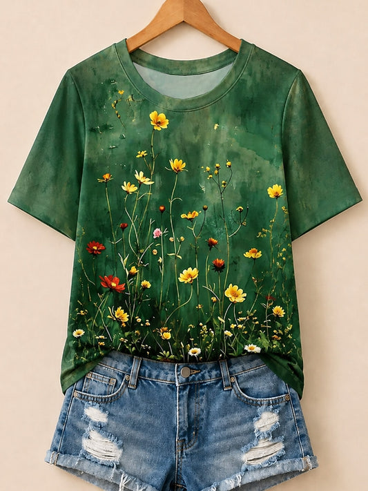 Orange Floral Cotton Tee in Green