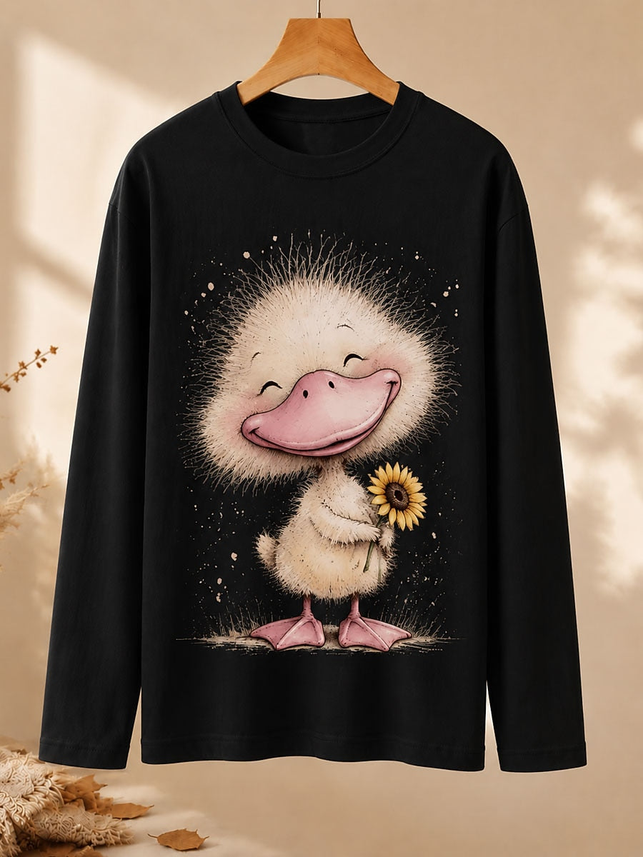 Duckling With Sunflower - Nature Story Cotton Long Sleeve Tee